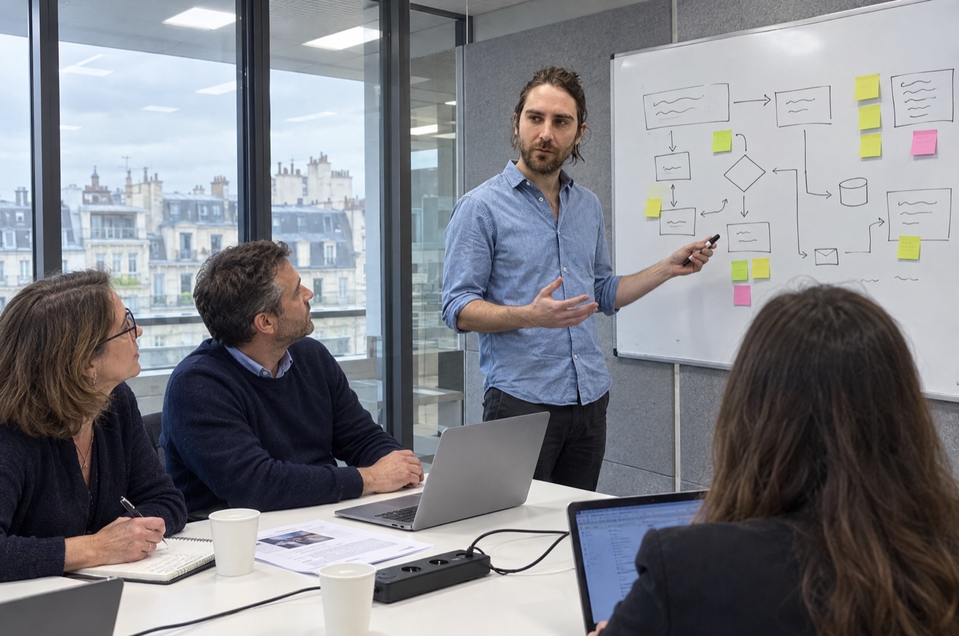 Atelier de cartographie des processus devant un tableau blanc