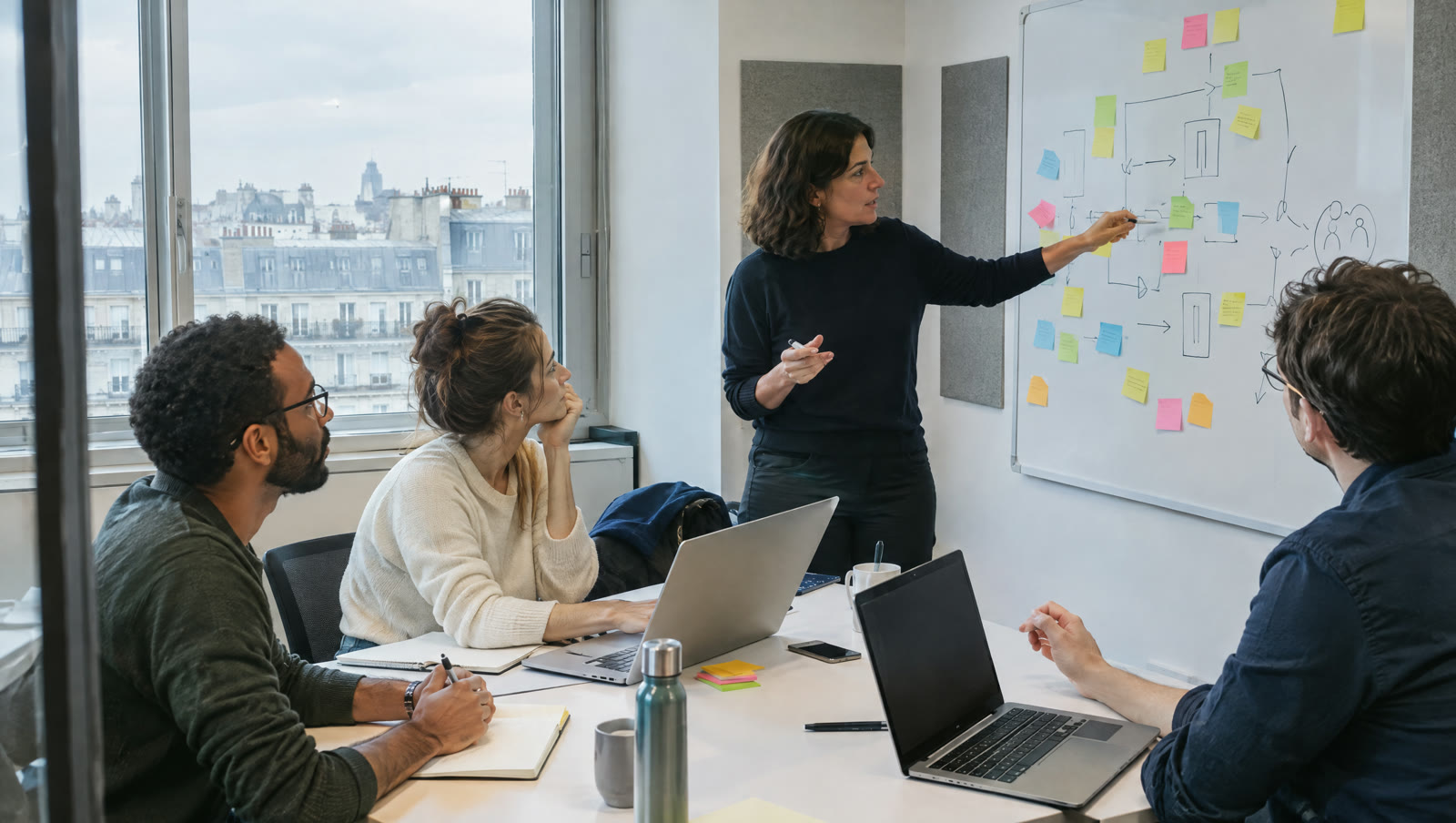 Atelier de cadrage : une équipe travaille autour d'un tableau blanc couvert de post-it