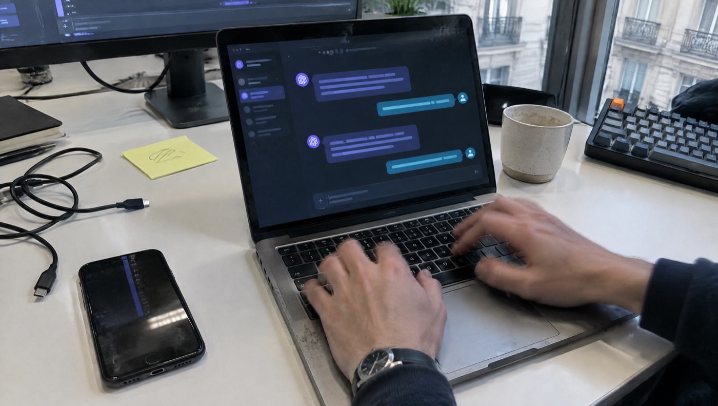 Mains sur un ordinateur portable affichant une interface d'assistant IA