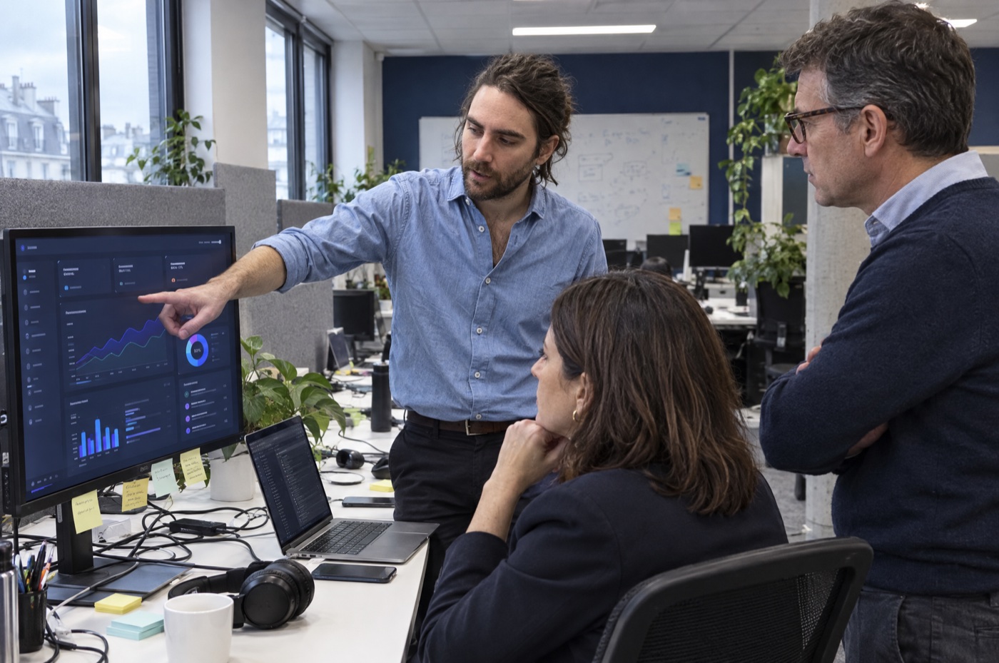 Trois membres de l'équipe examinent un tableau de bord sur un grand écran