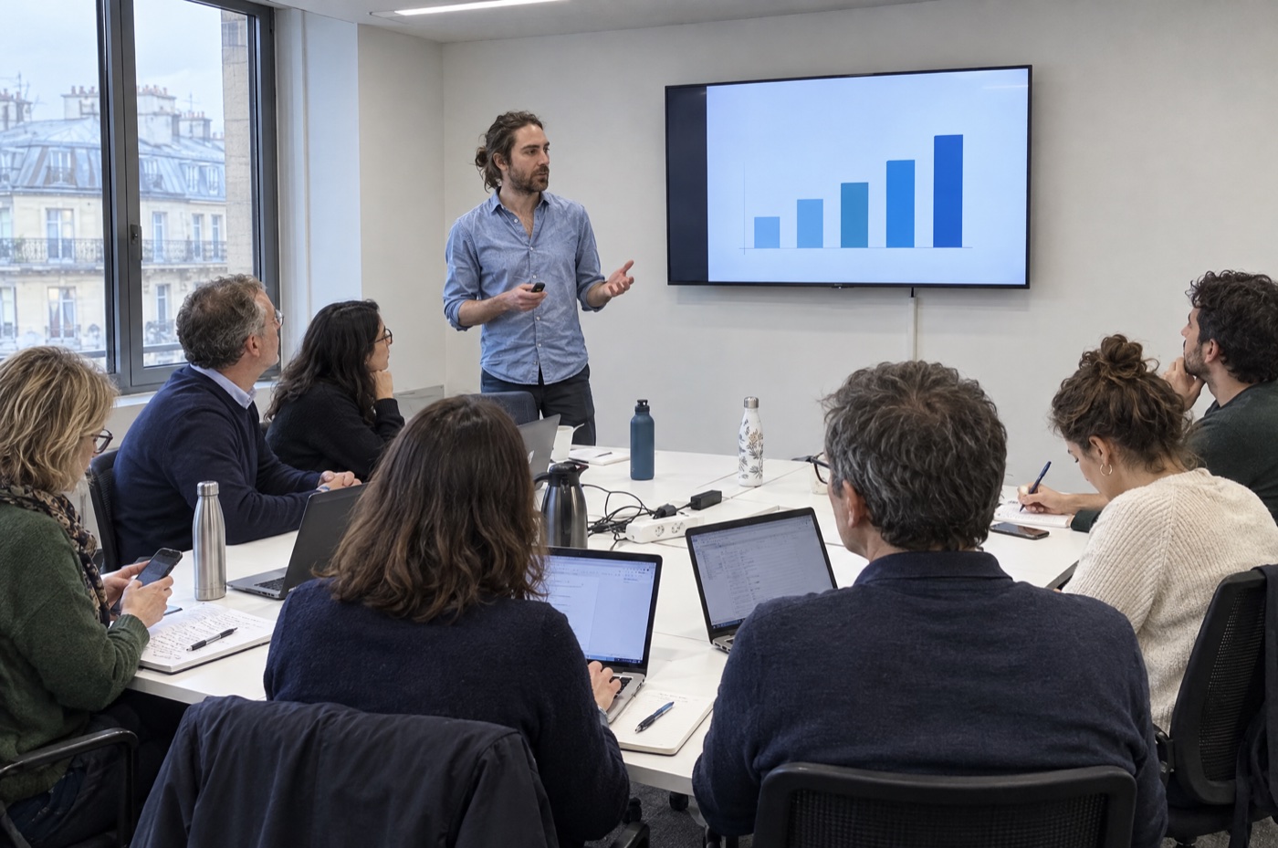 Session de formation IA avec une formatrice et huit participants