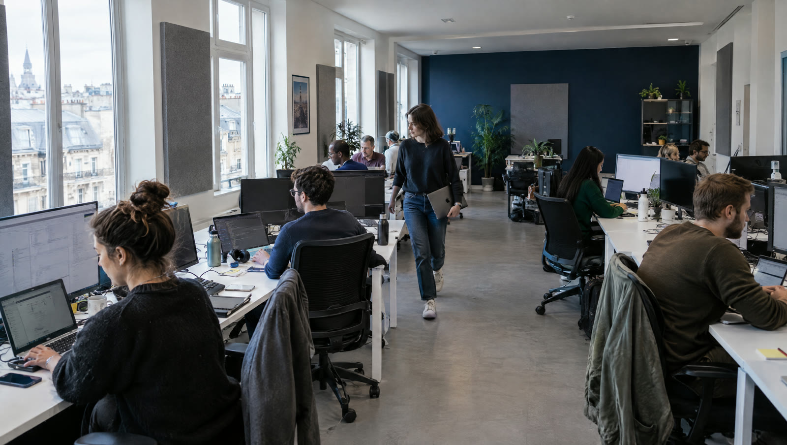 Open space d'une agence à Paris, une équipe au travail sur ses écrans