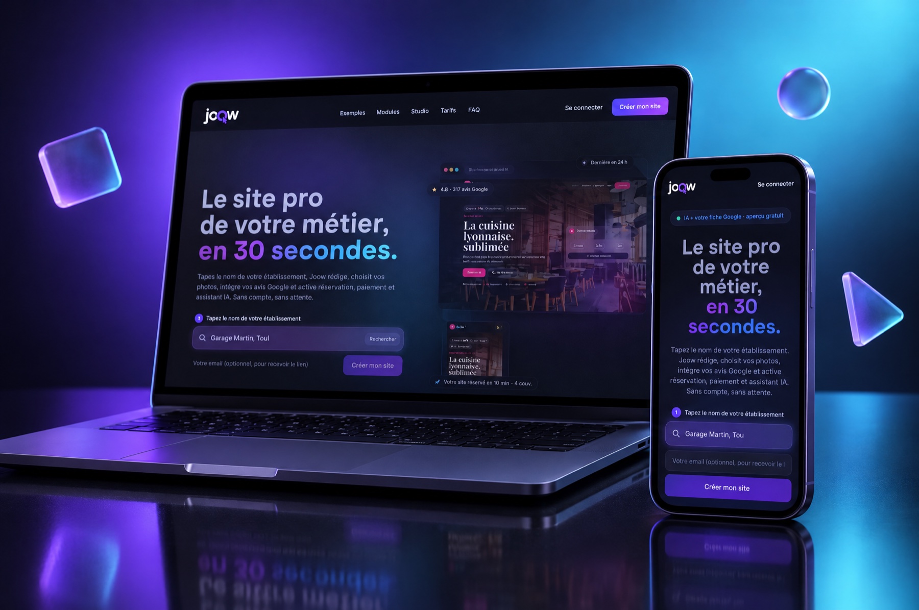 Joow, générateur de site professionnel par IA, présenté sur ordinateur portable et smartphone