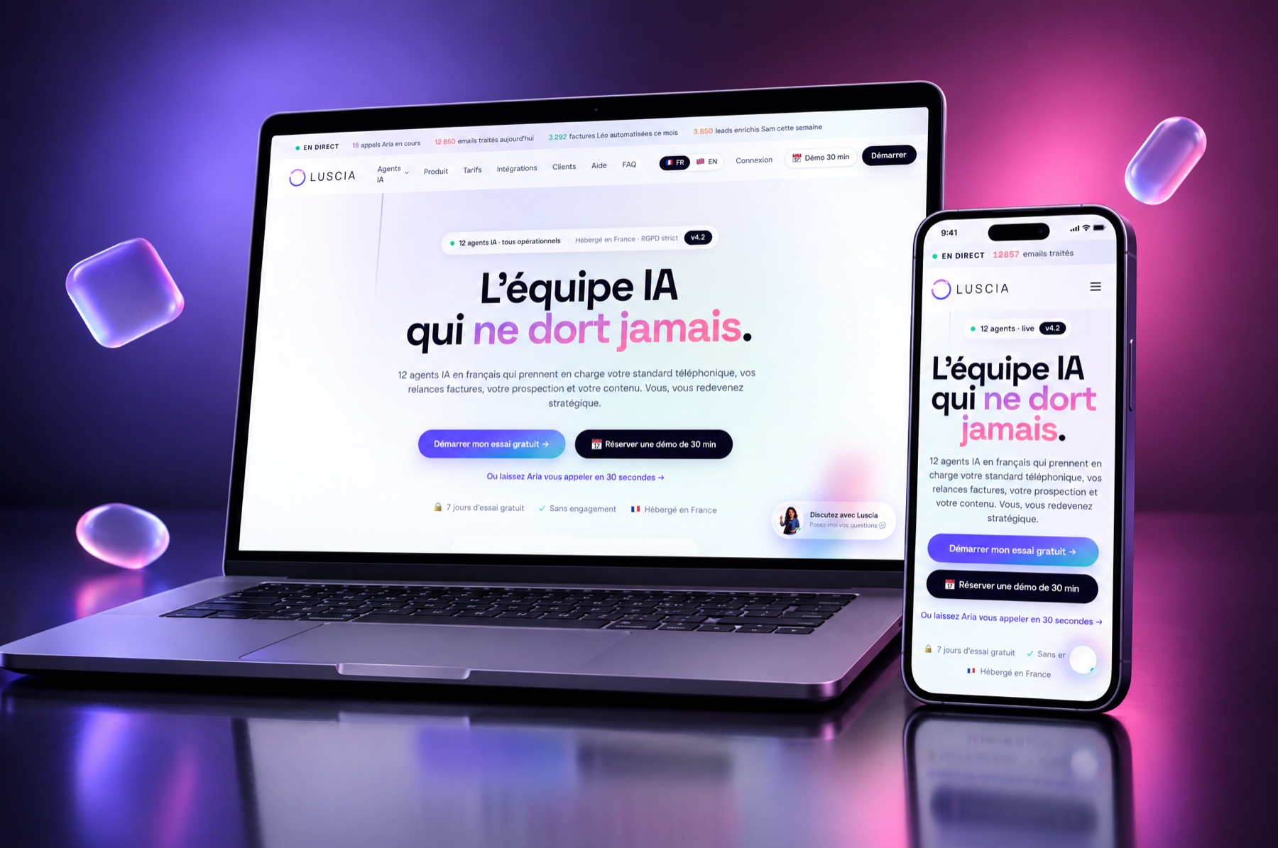 Luscia, plateforme de 12 agents IA pour PME, présentée sur ordinateur portable et smartphone