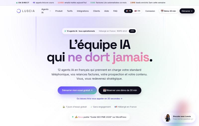 Page d'accueil de Luscia, plateforme de 12 agents IA pour PME