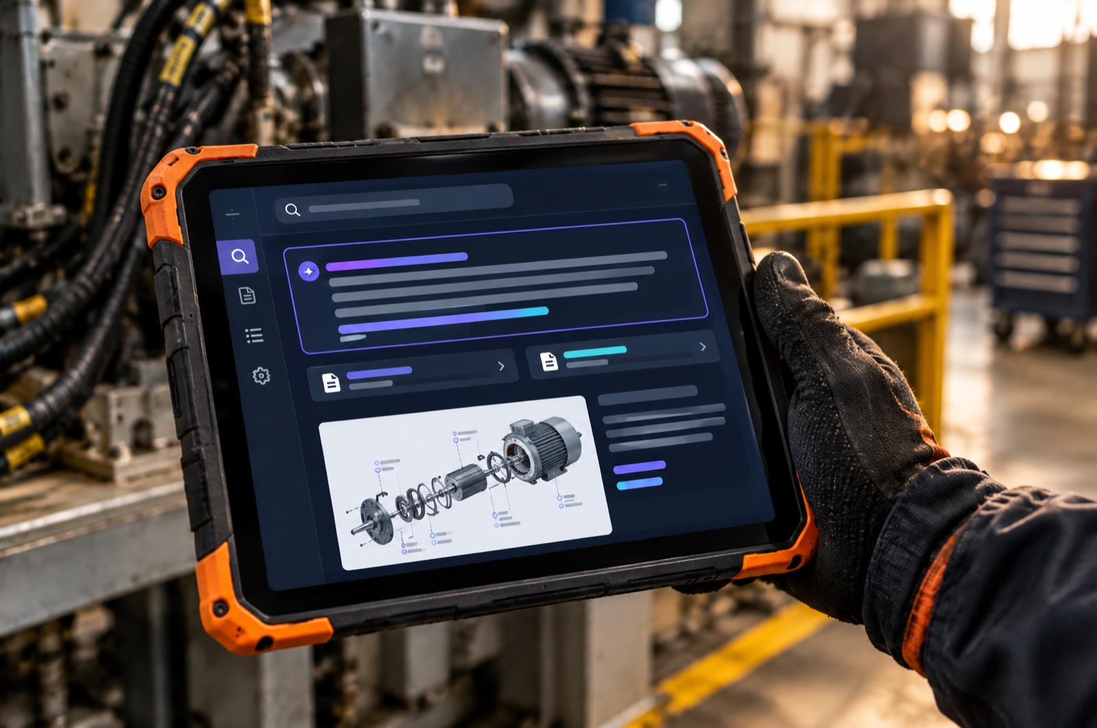 Tablette industrielle renforcée affichant un assistant de documentation technique, dans un atelier de maintenance